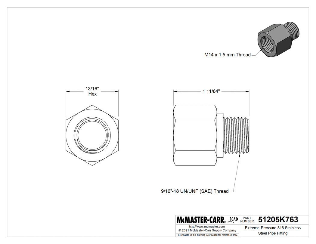 Technical Drawing of Extreme-Pressure 316 Stainless Steel Pipe Fitting, Adapter, M14 x 1.5 mm Female, 9/16"-18 UN/UNF Male.